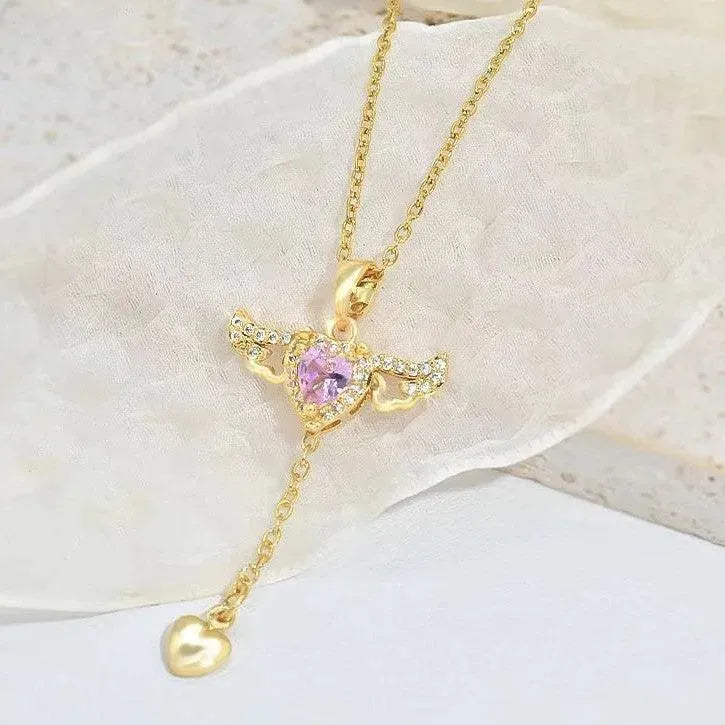 Moving Cupid Heart Angel Wings Tassel Necklace With Crystal Clavicle Chain Women Jewelry Gift Valentine's Day - EX-STOCK CANADA