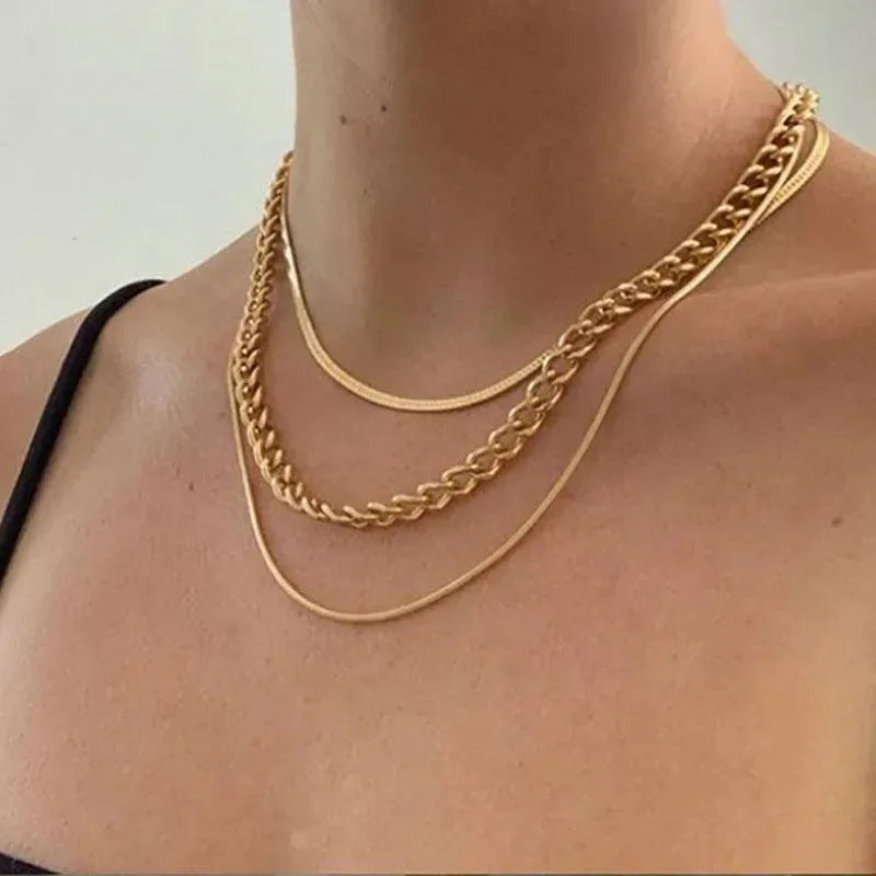 Multi-Layer Thick Chain Stacking Necklace Personality Three-Layer Clavicle Chain Gold Necklace for Women - EX-STOCK CANADA