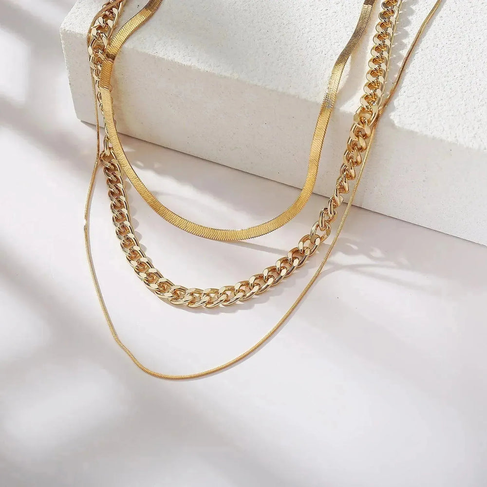 Multi-Layer Thick Chain Stacking Necklace Personality Three-Layer Clavicle Chain Gold Necklace for Women - EX-STOCK CANADA