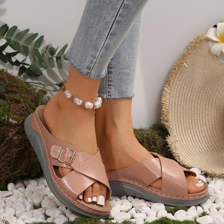 New Buckle Cross-design Slippers Summer Wedges Sandals Fashion Women's Beach Shoes - EX-STOCK CANADA