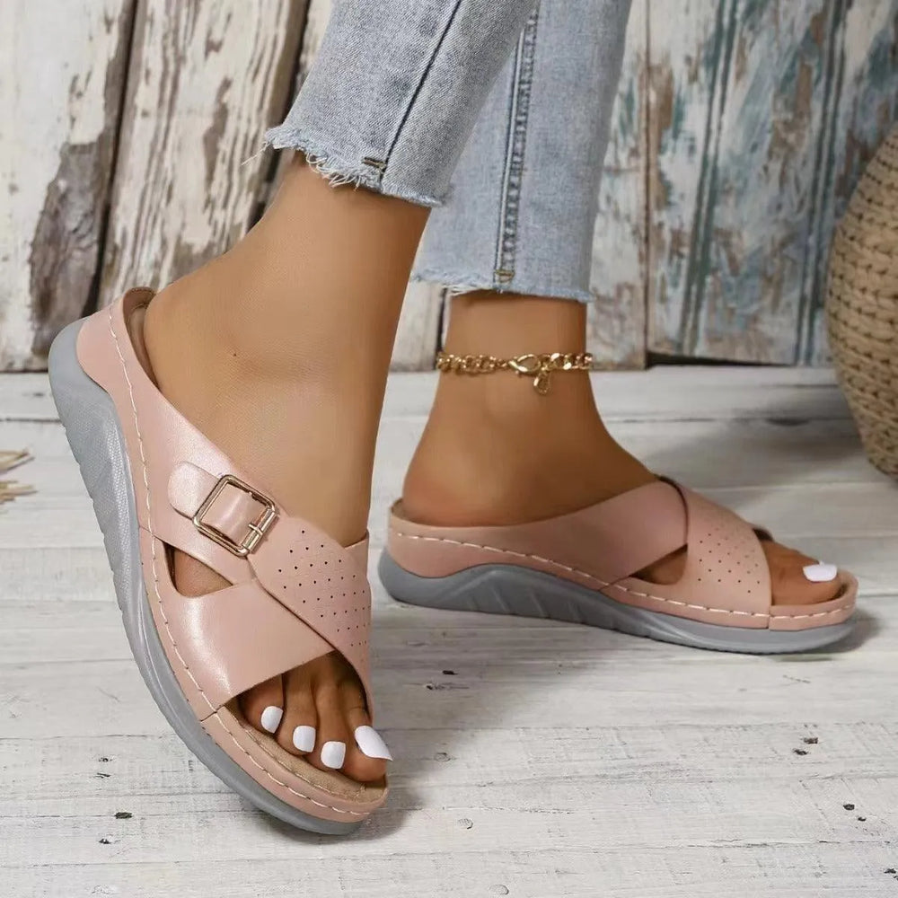 New Buckle Cross-design Slippers Summer Wedges Sandals Fashion Women's Beach Shoes - EX-STOCK CANADA