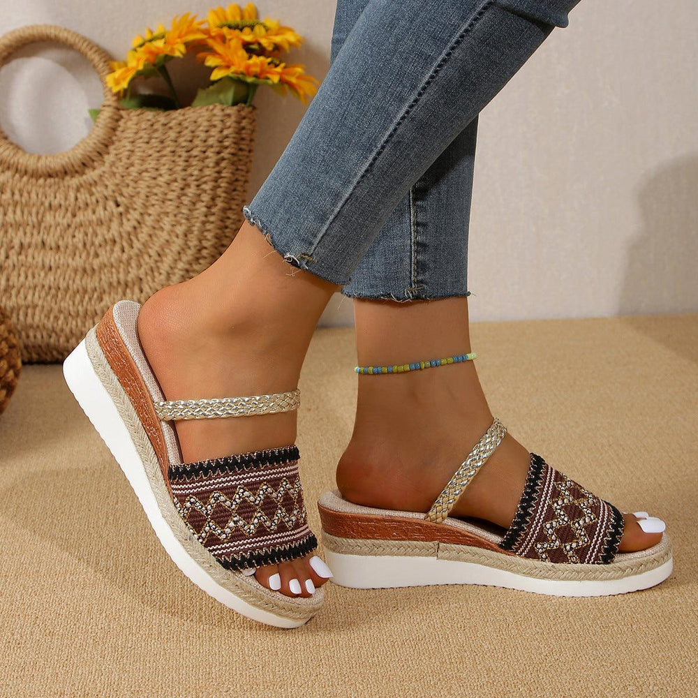 New Color-blocked Wave-patterned Sandals Summer Fashion Wedges Slippers Outdoor Ethnic Style One-line Thick-soled Shoes For Women - EX-STOCK CANADA