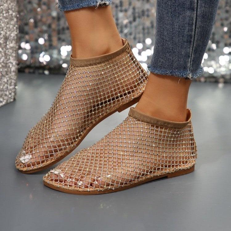 New Hollow Flat Sandals With Rhinestone Design Summer Fashion Round Toe Shoes For Women - EX-STOCK CANADA