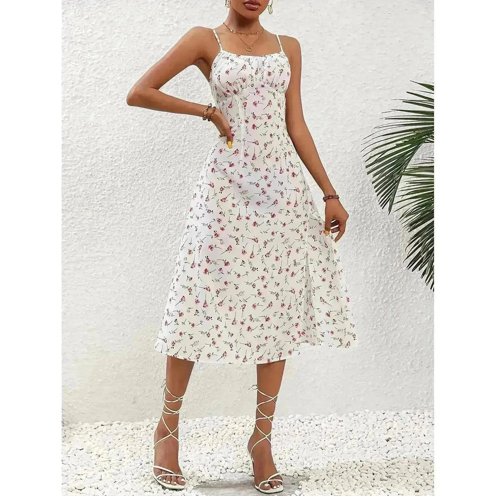 New Polka Dot Print Suspender Dress Summer Sexy Slit Long Dresses For Womens Clothing - EX-STOCK CANADA