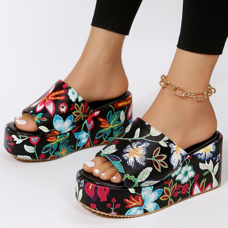 New Round Toe Wedge Embroidered Classic Embroidery Slippers For Women - EX-STOCK CANADA