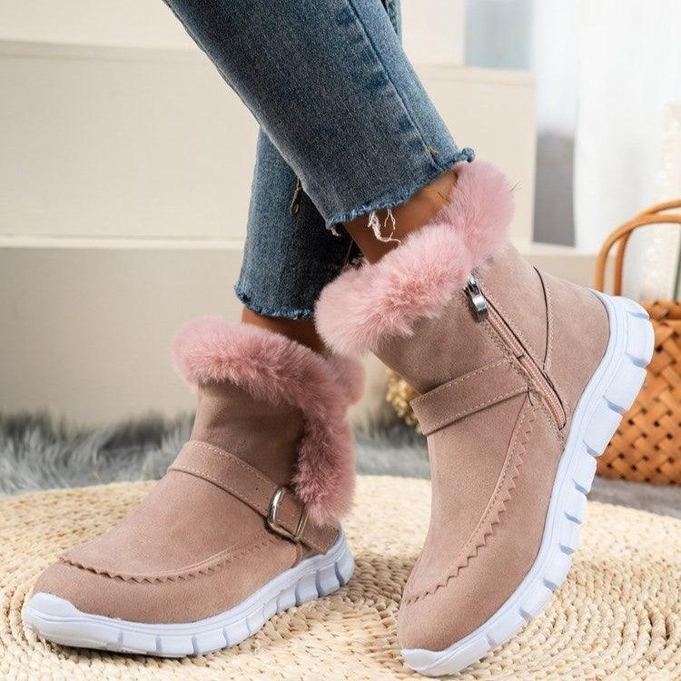 New Snow Boots Winter Warm Thickened Solid Color Plush Ankle Boots With Buckle Design Plus Velvet Flat Shoes For Women - EX-STOCK CANADA