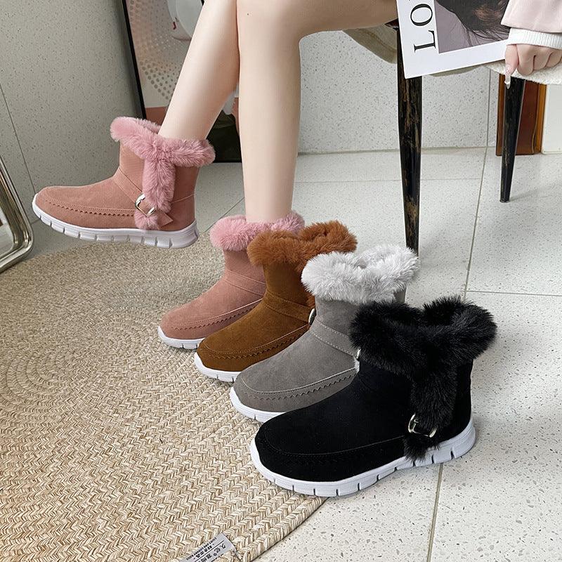 New Snow Boots Winter Warm Thickened Solid Color Plush Ankle Boots With Buckle Design Plus Velvet Flat Shoes For Women - EX-STOCK CANADA