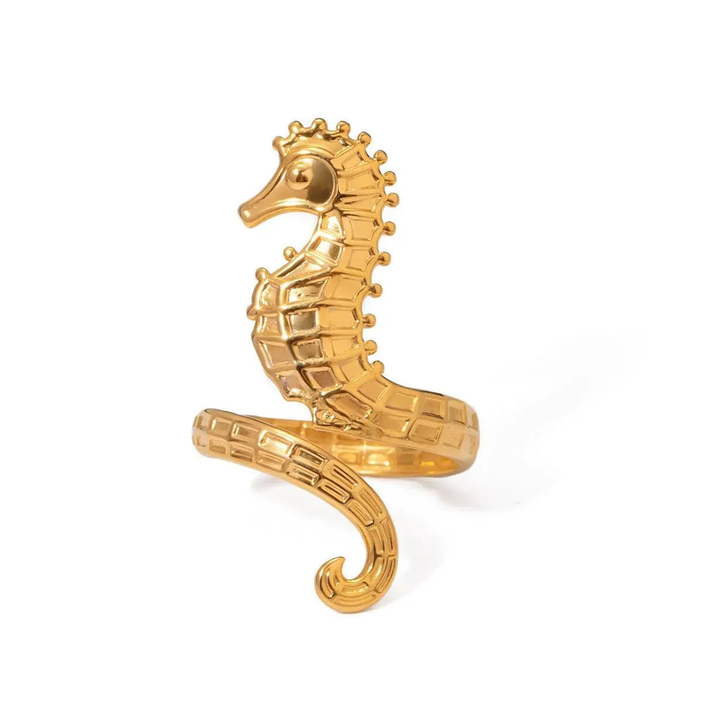 Ocean 18K Gold Stainless Steel Seahorse Opening Ring for Women - EX-STOCK CANADA