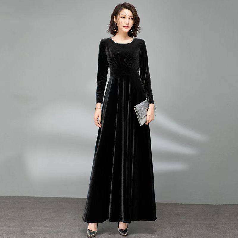 Pleuche Long Sleeve Dress Waist-tight Elegant Big Hem - EX-STOCK CANADA
