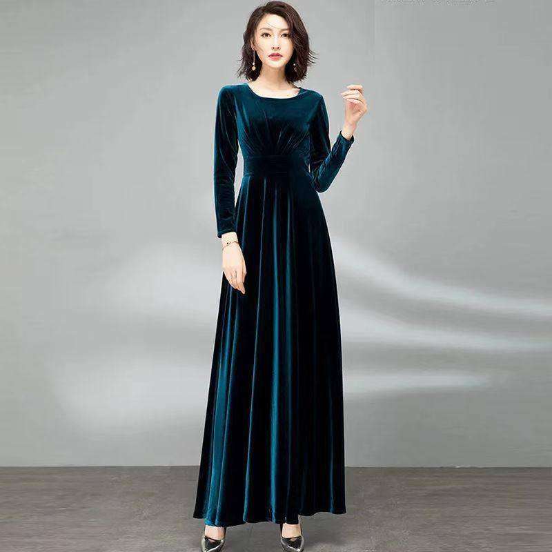 Pleuche Long Sleeve Dress Waist-tight Elegant Big Hem - EX-STOCK CANADA
