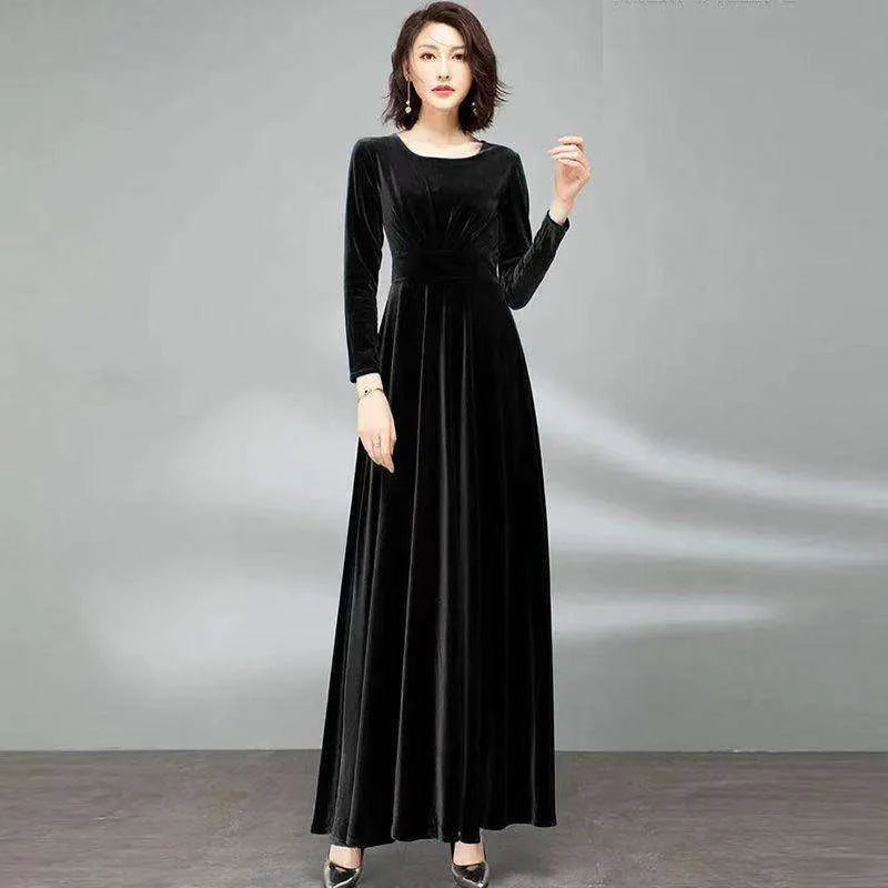 Pleuche Long Sleeve Dress Waist-tight Elegant Big Hem - EX-STOCK CANADA