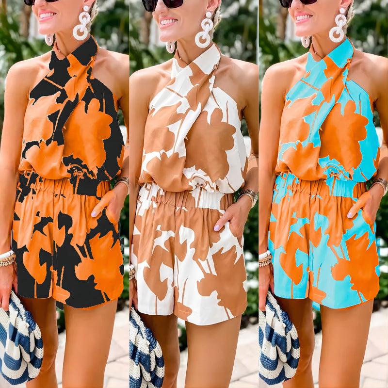 Printed Lace Up Backless Top Pocket Shorts Two-piece Suit For Women - EX-STOCK CANADA