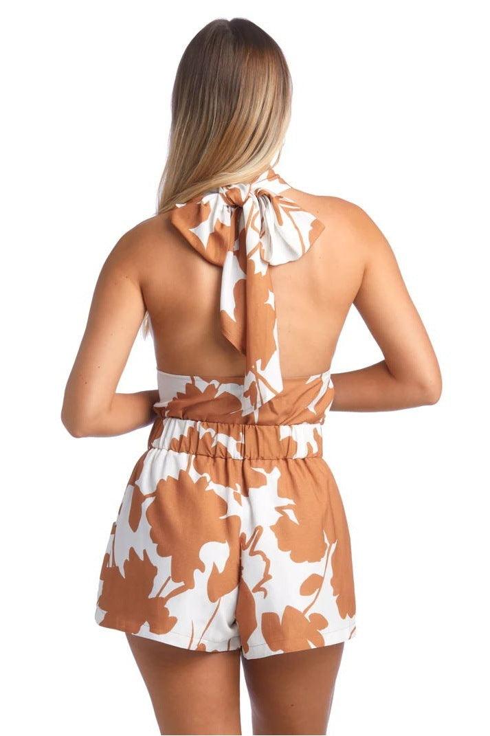 Printed Lace Up Backless Top Pocket Shorts Two-piece Suit For Women - EX-STOCK CANADA