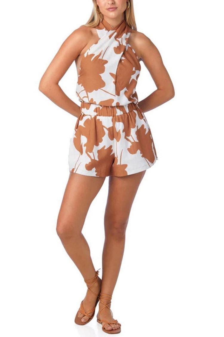 Printed Lace Up Backless Top Pocket Shorts Two-piece Suit For Women - EX-STOCK CANADA