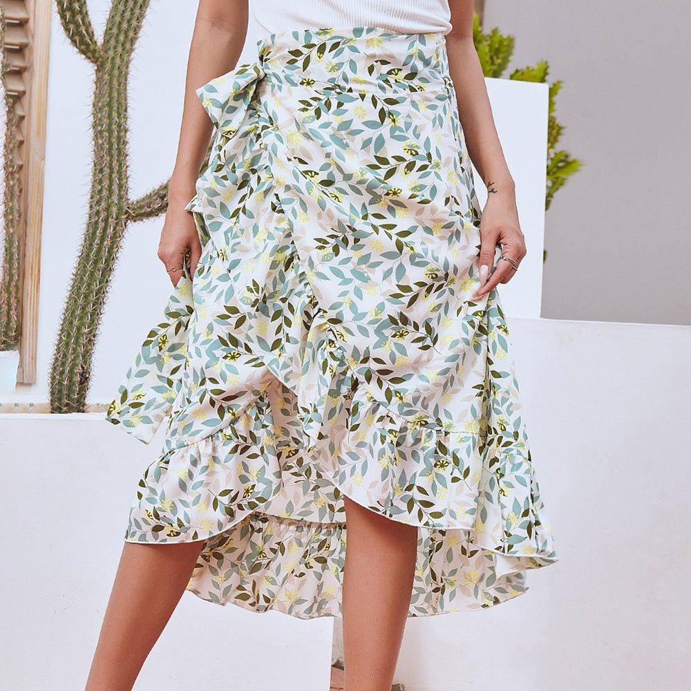 Printed Lace Up Split Expansion Midi Floral Skirt With Lining - EX-STOCK CANADA