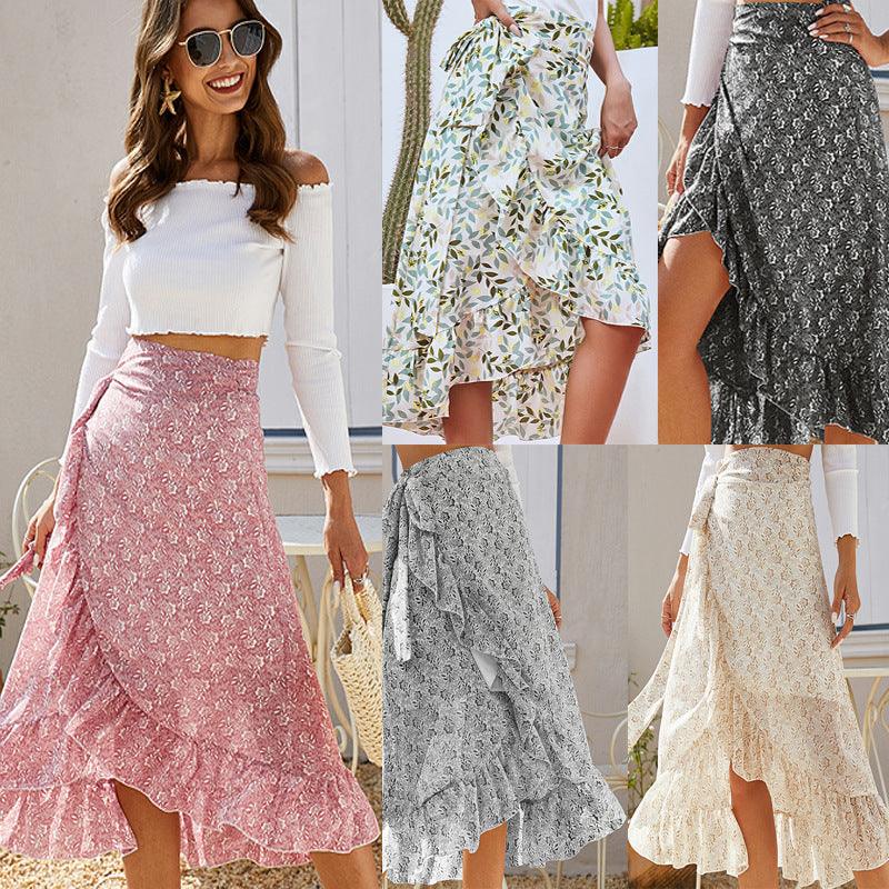 Printed Lace Up Split Expansion Midi Floral Skirt With Lining - EX-STOCK CANADA