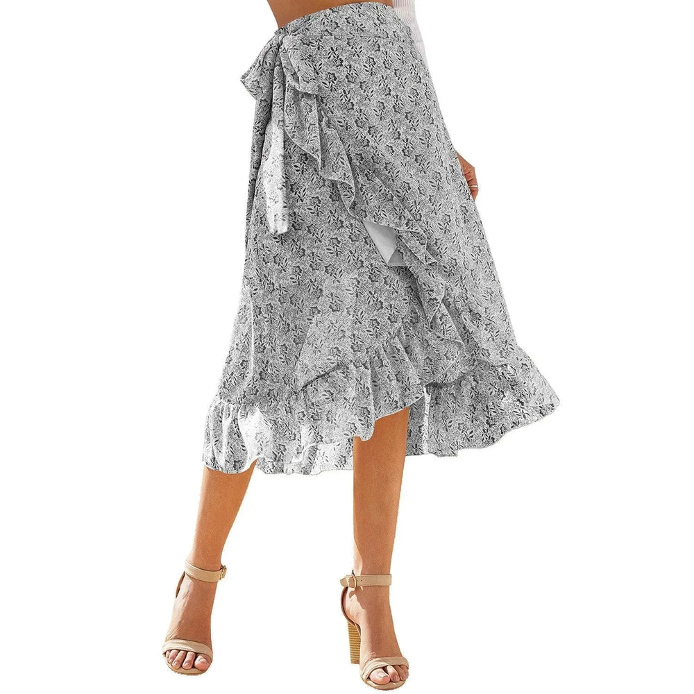 Printed Lace Up Split Expansion Midi Floral Skirt With Lining - EX-STOCK CANADA