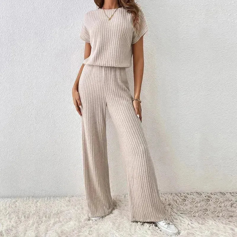 Round Neck Solid Color Fashion Knitted Top And Trousers Two-piece Set - EX-STOCK CANADA