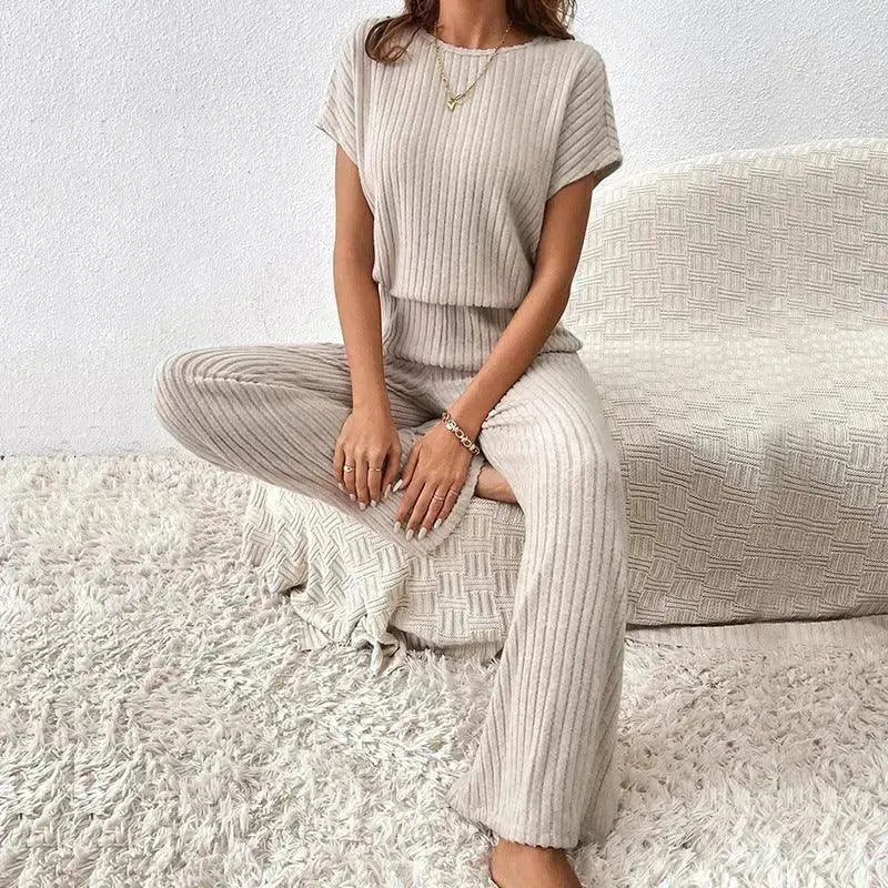 Round Neck Solid Color Fashion Knitted Top And Trousers Two-piece Set - EX-STOCK CANADA