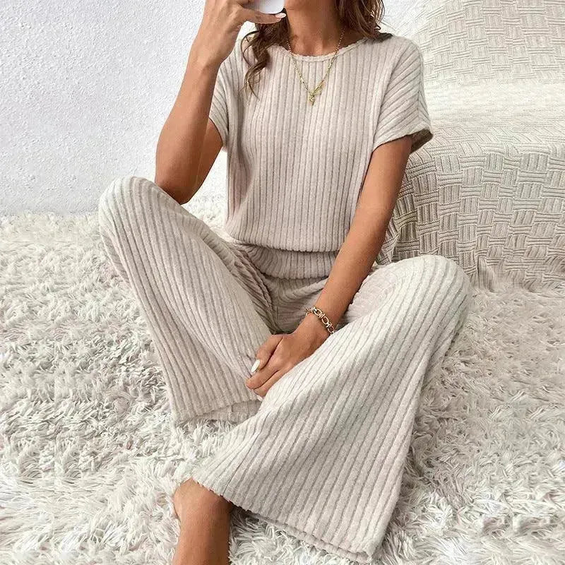 Round Neck Solid Color Fashion Knitted Top And Trousers Two-piece Set - EX-STOCK CANADA