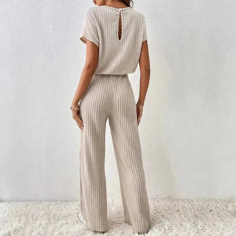 Round Neck Solid Color Fashion Knitted Top And Trousers Two-piece Set - EX-STOCK CANADA