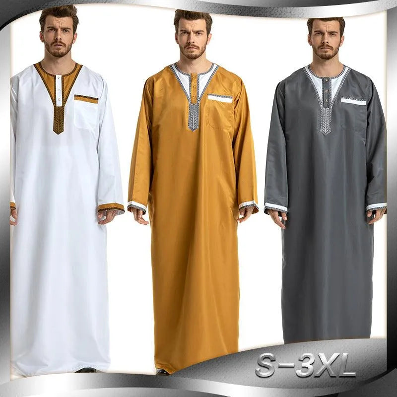 Round Neck Stitching Long-Sleeved Arab Hui Robe Male - EX-STOCK CANADA