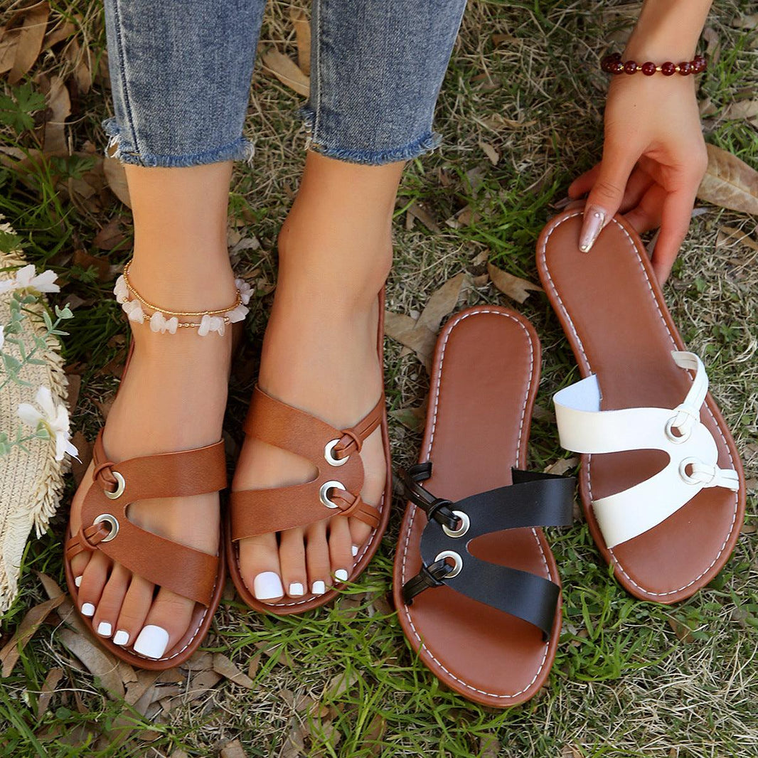 Round Toe Flat Sandals Summer Fashion Casual Non-slip Slides Shoes For Women - EX-STOCK CANADA