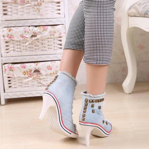 Round Toe Women's Shoes Denim High Heels - EX-STOCK CANADA