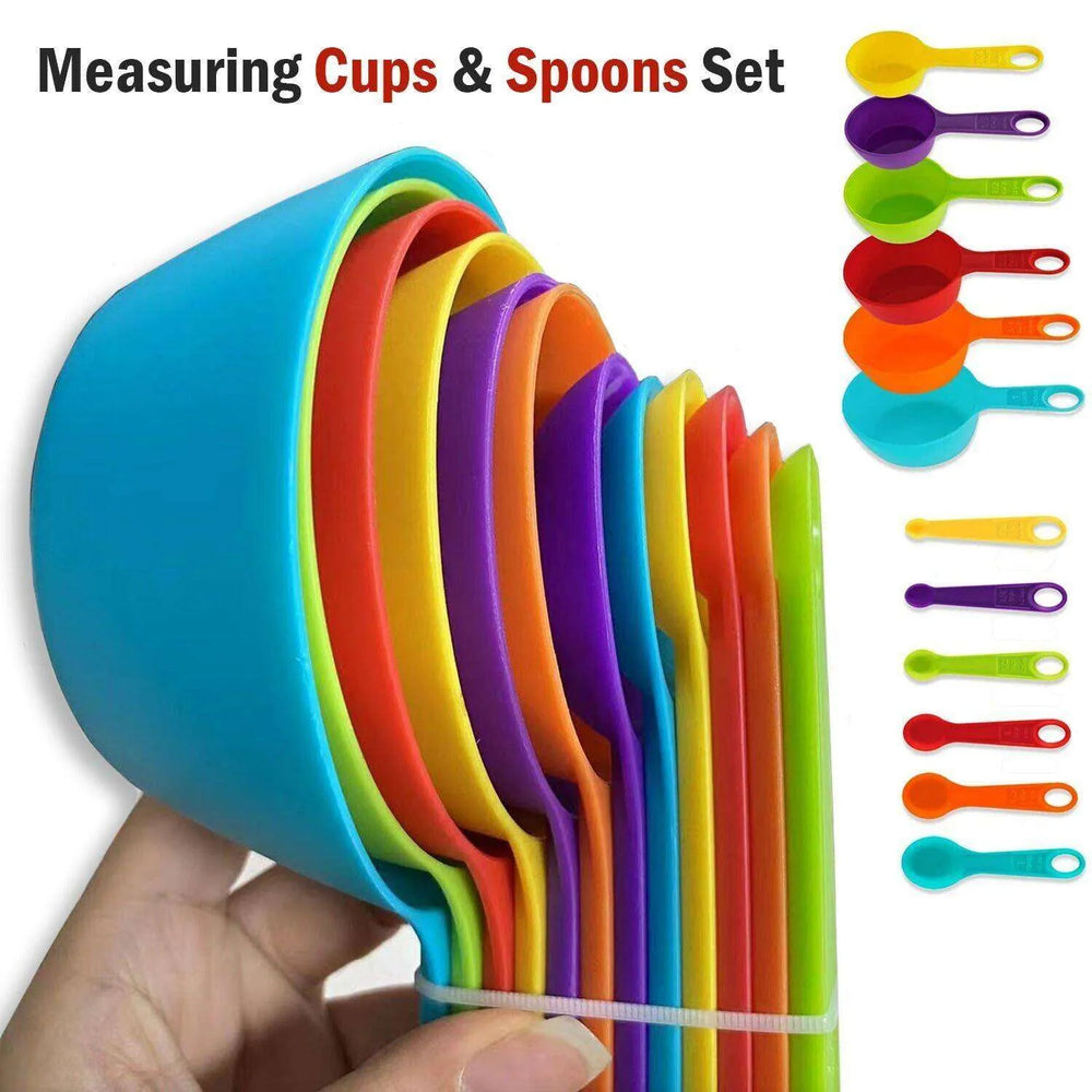 Set Of 6 Measuring Spoons And 6 Cups MultiColor Durable Plastic Kitchen Tools - EX-STOCK CANADA