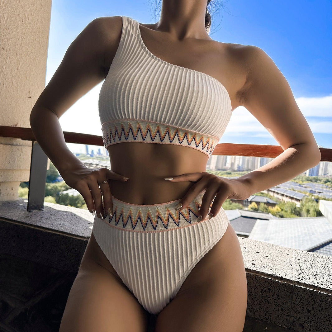 Sexy One-shoulder Bikini With Striped Pleated And Ripple Print Design Solid Color Summer Beach Swimsuit Womens Clothing - EX-STOCK CANADA
