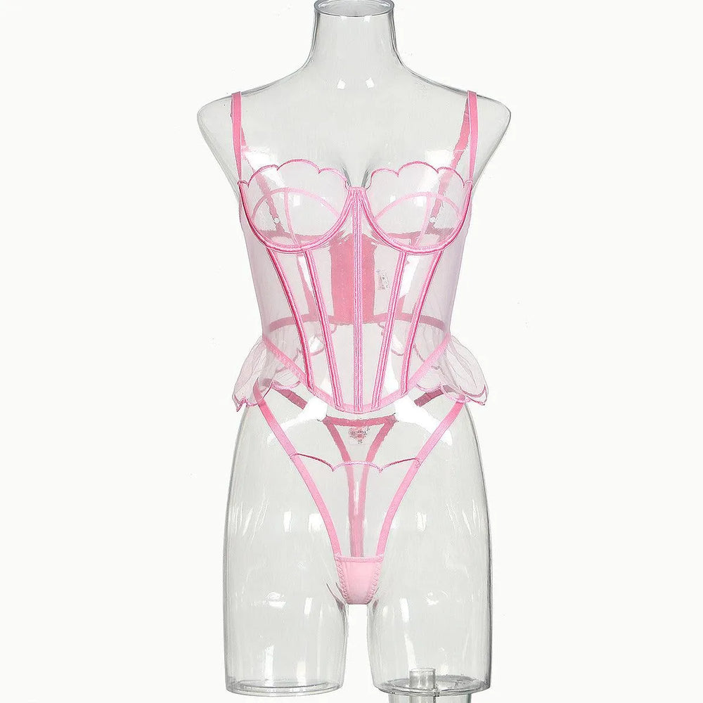 Shaping Sling Wave Mesh Edge Joint Fishbone See-through Sexy Underwear Two-piece - EX-STOCK CANADA