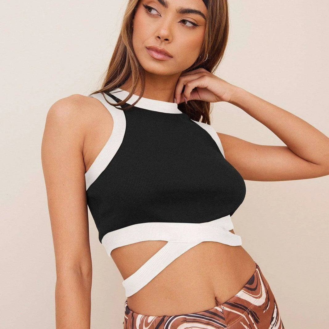 Short Cropped Cropped Tied Top Contrast Color Shirt - EX-STOCK CANADA