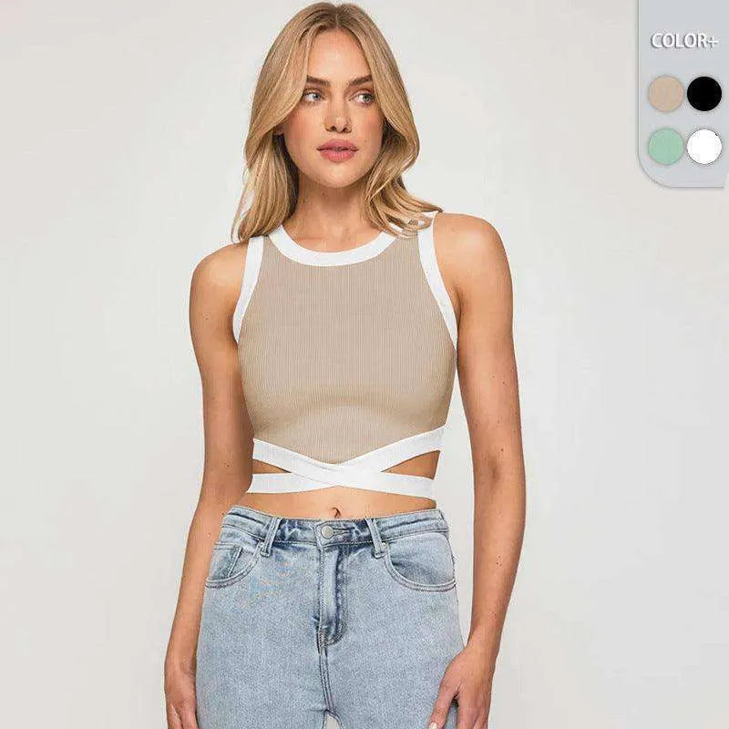 Short Cropped Cropped Tied Top Contrast Color Shirt - EX-STOCK CANADA
