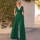 Solid Color And V-neck High Waist Wide Leg Jumpsuit - EX-STOCK CANADA