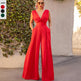 Solid Color And V-neck High Waist Wide Leg Jumpsuit - EX-STOCK CANADA