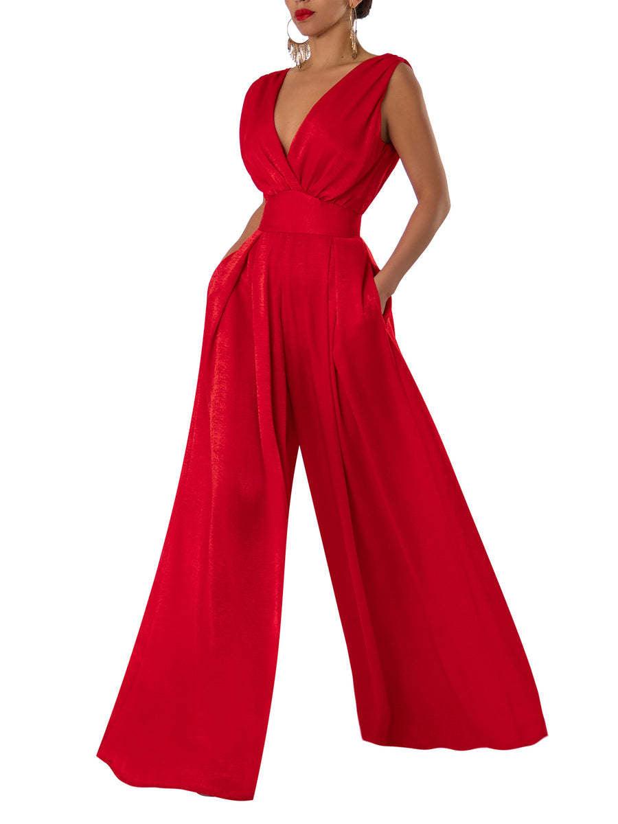 Solid Color And V-neck High Waist Wide Leg Jumpsuit - EX-STOCK CANADA