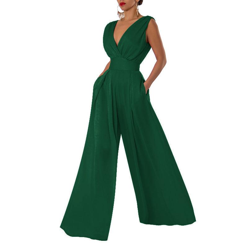 Solid Color And V-neck High Waist Wide Leg Jumpsuit - EX-STOCK CANADA
