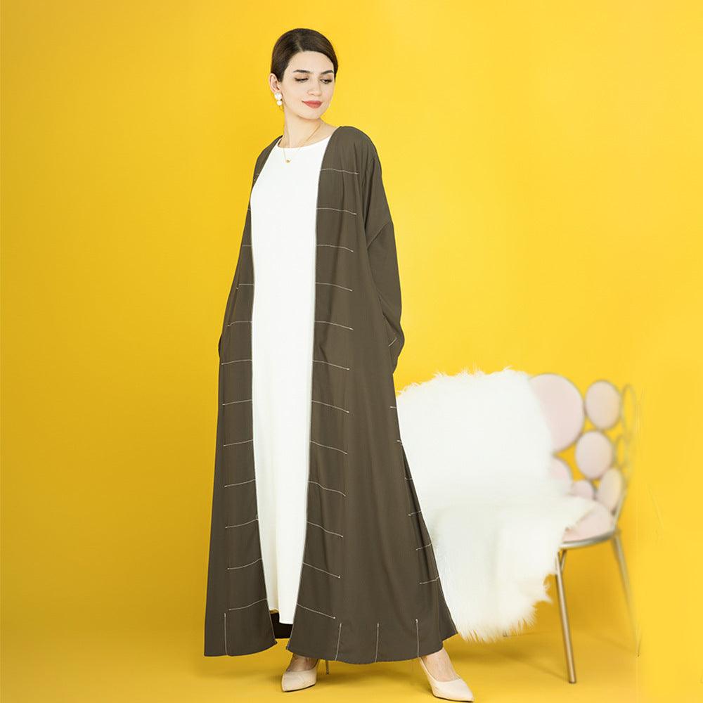 Solid Color Cardigan Dress Robe for Elegant Arab Dubai Turkey Middle Eastern Women. - EX-STOCK CANADA