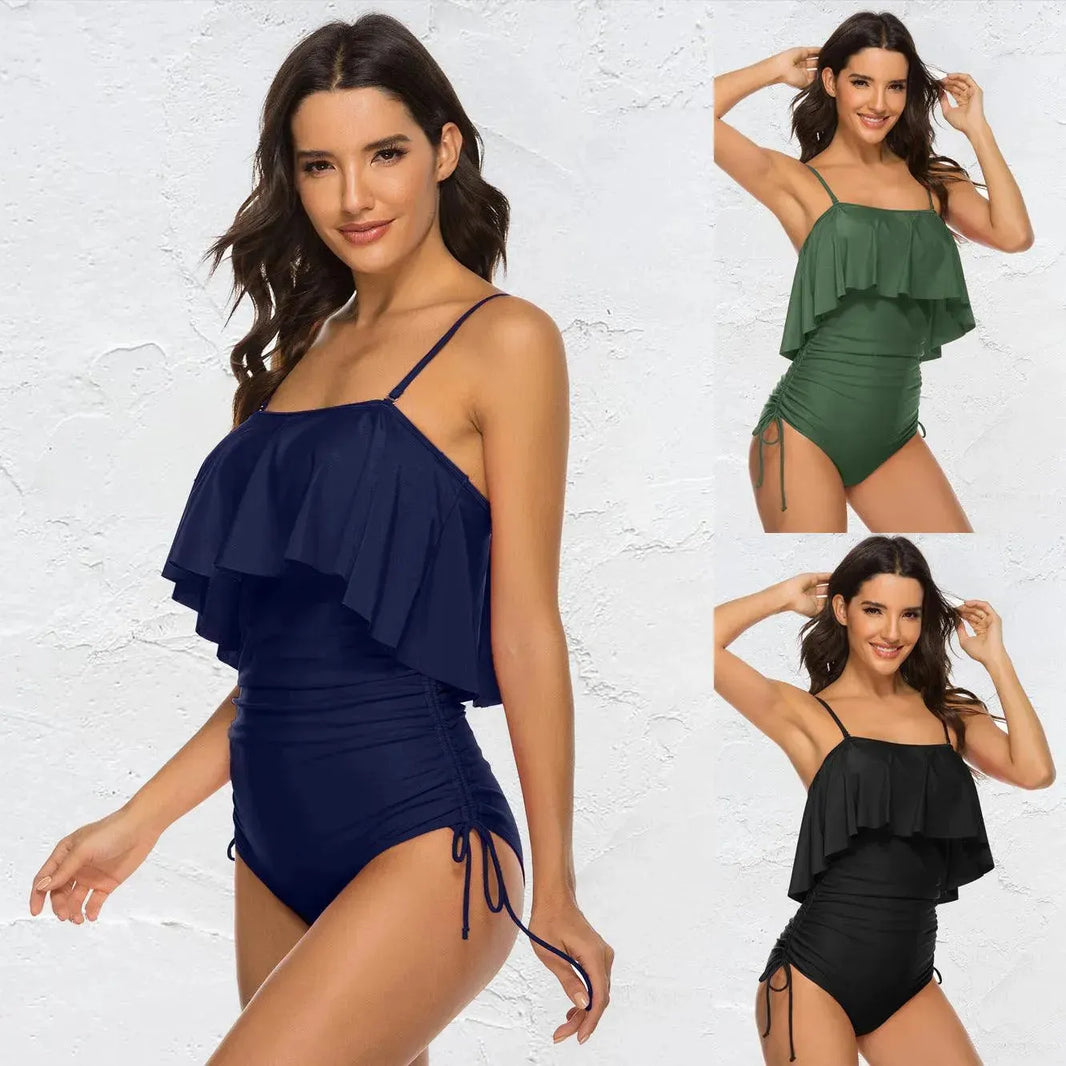 Solid Color Girl Sexy Shoulder Strap Big Ruffled One-piece Type Triangle Swimsuit - EX-STOCK CANADA