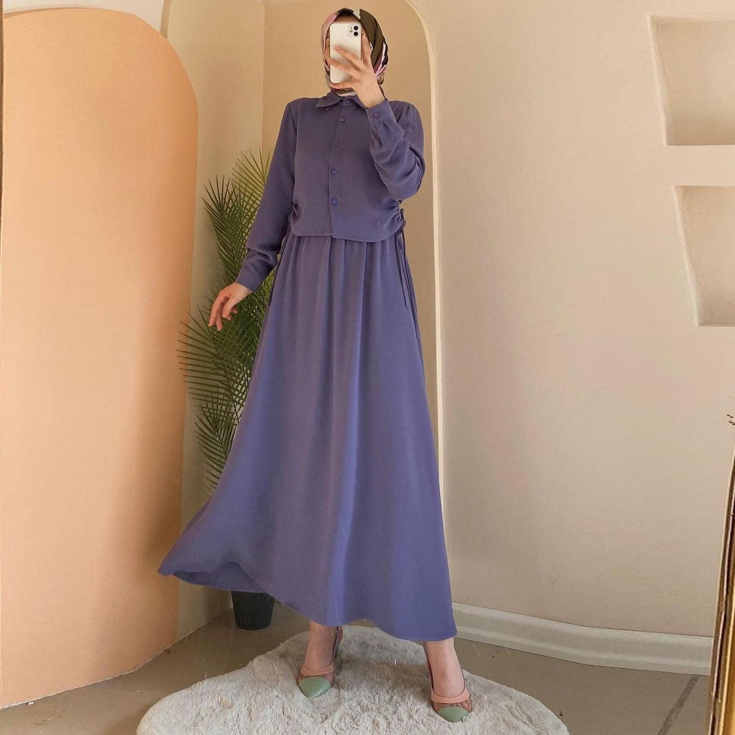 Solid Color Long Sleeve Skirt Suit for Elegant Arab Dubai Turkey Middle Eastern Women. - EX-STOCK CANADA