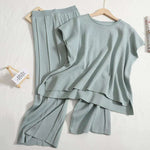 Solid Color Sleeveless Vest Knit Wide Leg Cropped Pants Set - EX-STOCK CANADA