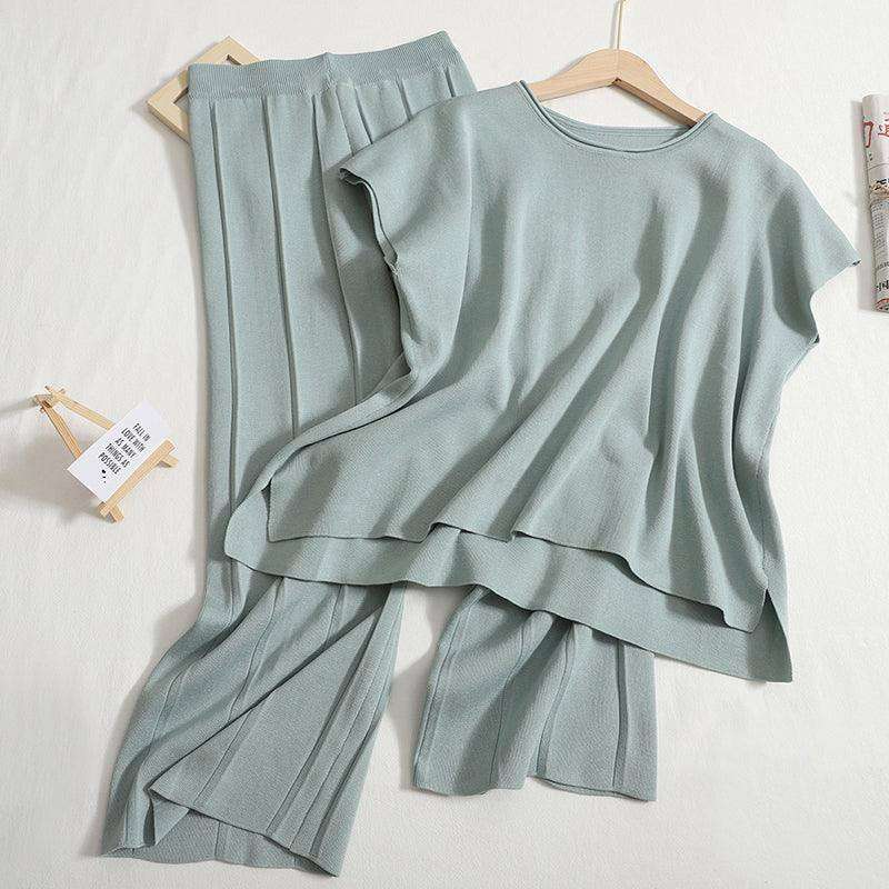 Solid Color Sleeveless Vest Knit Wide Leg Cropped Pants Set - EX-STOCK CANADA