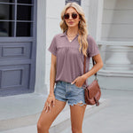 Solid Color V-neck Lapel Short-sleeved Cotton T-shirt Summer Loose Top Women - EX-STOCK CANADA
