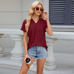 Solid Color V-neck Lapel Short-sleeved Cotton T-shirt Summer Loose Top Women - EX-STOCK CANADA