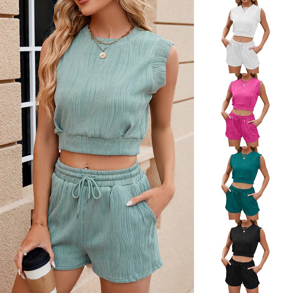 Solid Color Wave Pattern Design Suit For Women Casual Round Neck Sleeveless Top And Drawstring Design Shorts Fashion 2-piece Set Summer Clothing - EX-STOCK CANADA