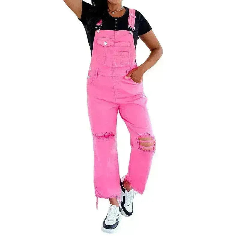 Solid pink Wide Leg Denim Suspender Pants Women Street Ripped Jumpsuit - EX-STOCK CANADA