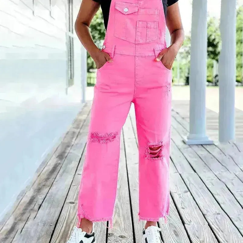 Solid pink Wide Leg Denim Suspender Pants Women Street Ripped Jumpsuit - EX-STOCK CANADA