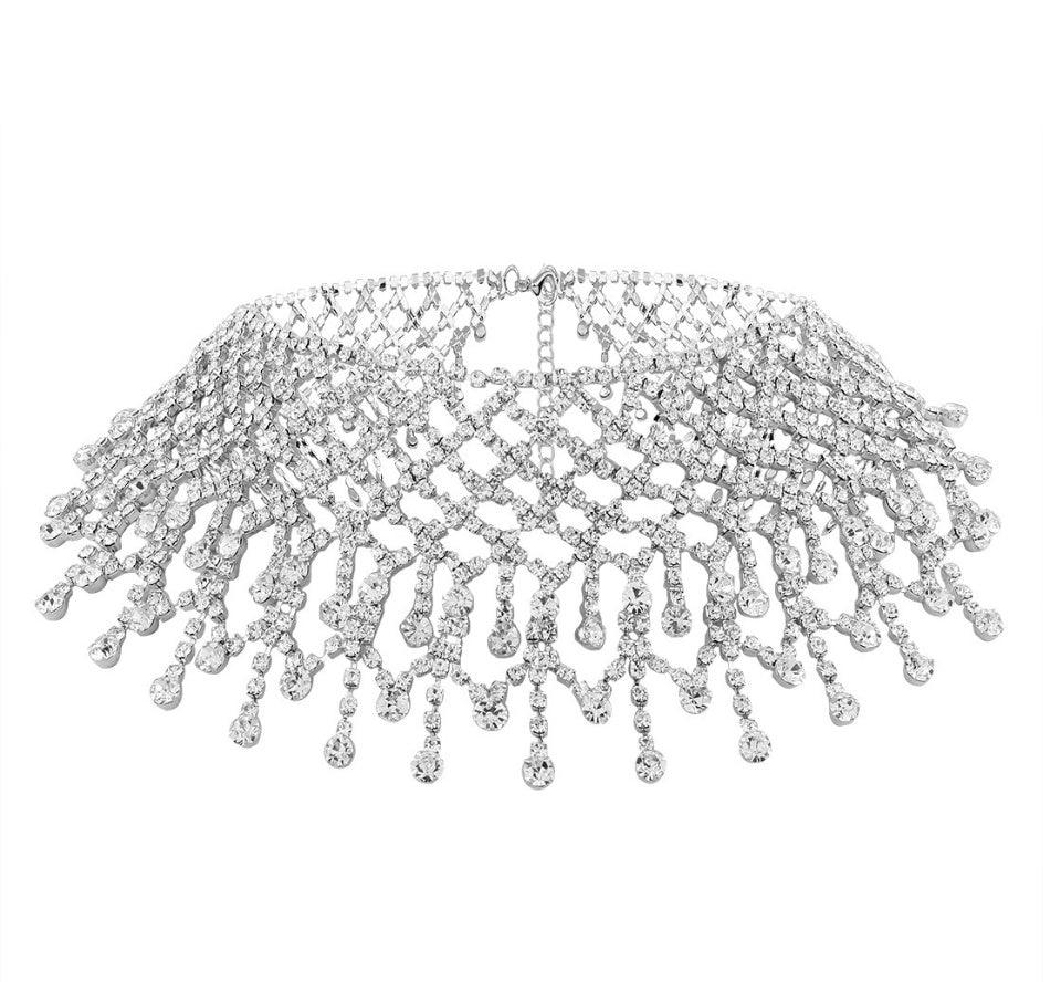 Sparling Rhinestone Diamond Fringed Tassel Choker Necklace for Women Bridal Wedding Luxury Necklace - EX-STOCK CANADA