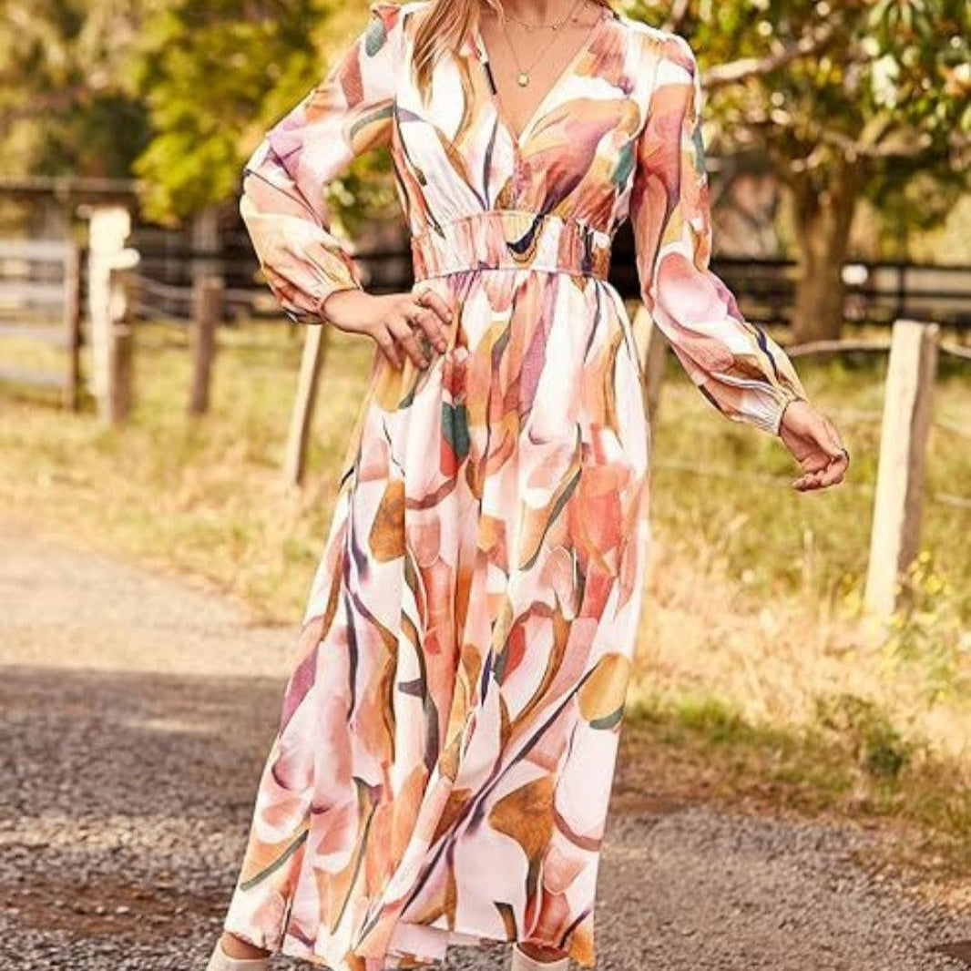 Spring NEW Long Casual Long Sleeve V-neck Printed Beach Long Flowy Dress - EX-STOCK CANADA