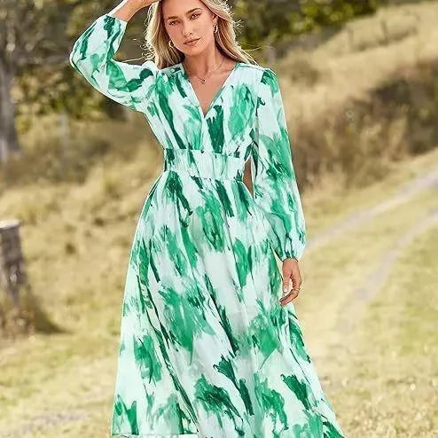 Spring NEW Long Casual Long Sleeve V-neck Printed Beach Long Flowy Dress - EX-STOCK CANADA